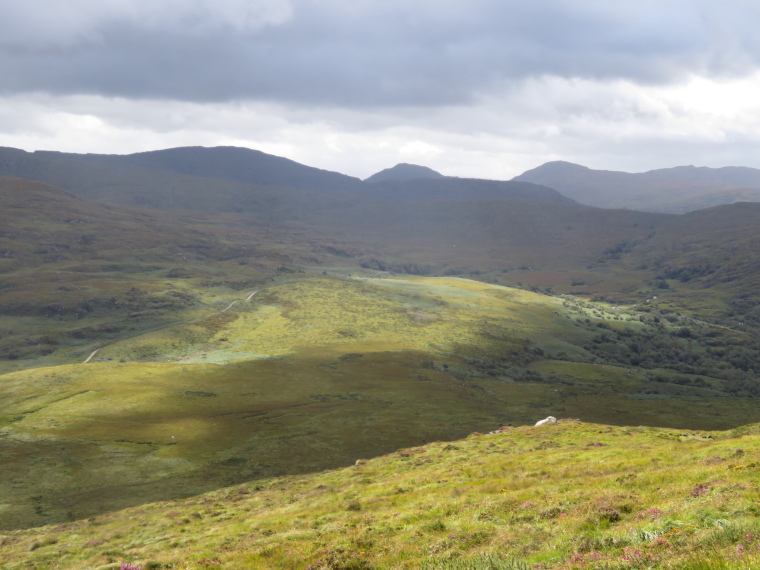 Ireland Kerry Iveragh Peninsula, Kerry Way, Looking down on the Old Kenmare Road from Torc mountain, Walkopedia