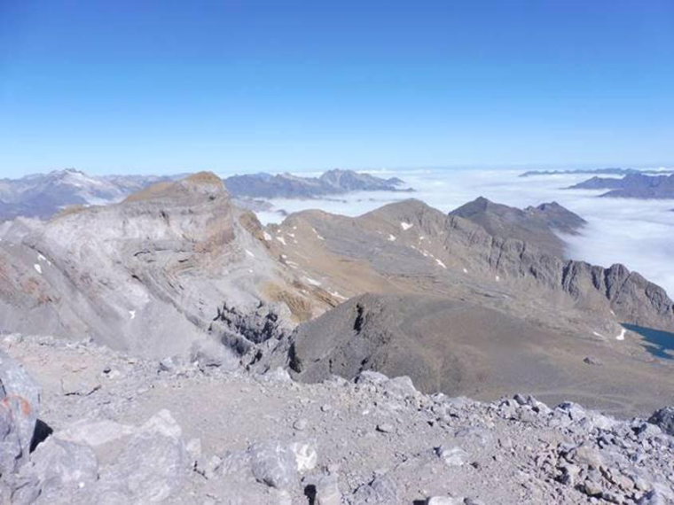 France Pyrenees, Vignemale and Vallee de Gaube, View from the summit of Mont Perdu, Vignemale to the left and Tucaroya pass far right, Walkopedia