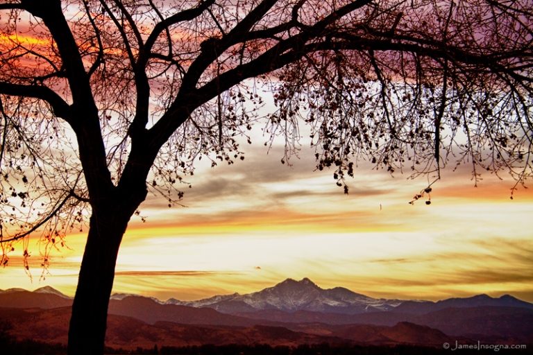 USA Western/Rocky Mountain NP, Longs Peak, Colorful November Sunset Sky and Longs Peak  , Walkopedia