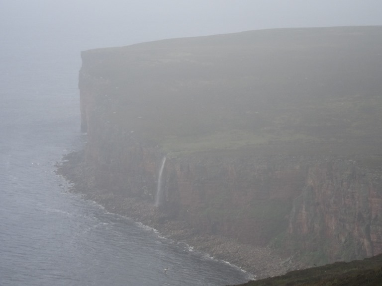 United Kingdom Scotland Orkney Islands, The Old Man and St John's Head, Hoy, Waterfall through mist, Walkopedia
