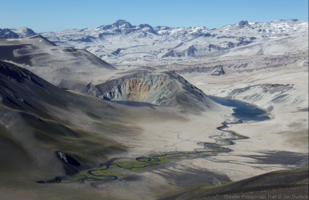 Chile Patagonia, Greater Patagonian Trail, The volcanos Descabezado Grande and Cerro Azul with the Laguna Caracol to their feet, Walkopedia