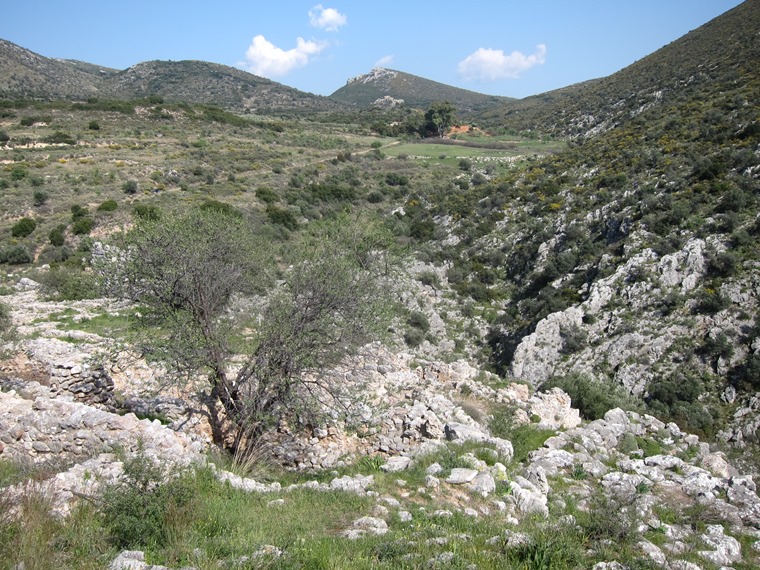 Greece Peloponnese, Mycenean Roads, Mycenae, Looking up at the valley from Mycenae, Walkopedia