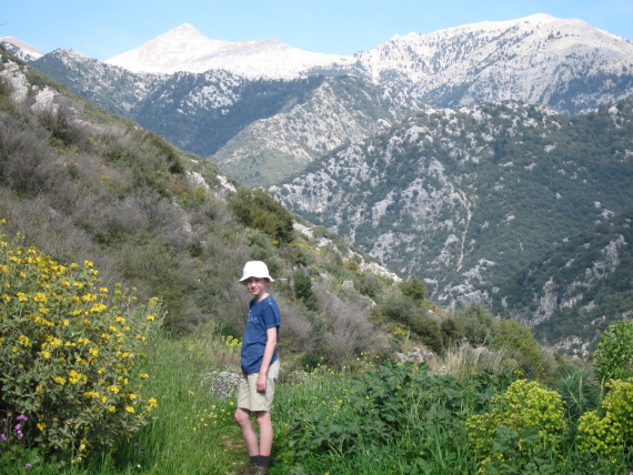 Greece Peloponnese: Taygetus range and the Mani, Taygetus and the Mani, Viros Gorge, 10 year old with Profitis Ilias summit, Walkopedia