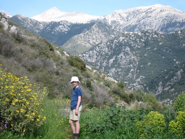 Greece Peloponnese: Taygetus range and the Mani, Viros Gorge, 10 year old with Profitis Ilias summit, Walkopedia