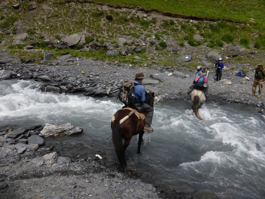 Georgia Gt Caucasus Tusheti and Khevsureti, Atsunta Pass (Tusheti to Khevsureti), Crossing the river on Border Patrol horses, Walkopedia