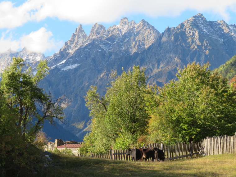 Georgia Gt Caucasus Mts, Greater Caucasus Mountains, Spires at head of Mestia valley, Walkopedia