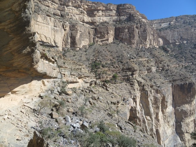 Oman Western Hajar Mts: Jebel Akhdar, Balcony Walk, Wadi Nakhur, The abandoned village's terrace, Walkopedia