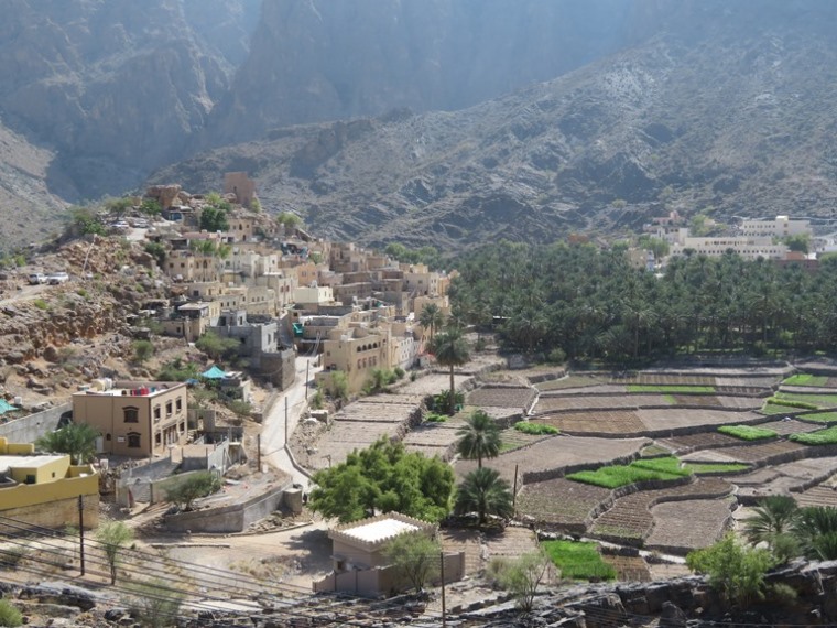 Oman Western Hajar Mts: Jebel Akhdar, Central Akhdar routes W8, W9, W10, Balad Saytfields, high Akhdar behind, Walkopedia