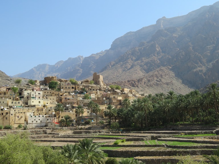 Oman Western Hajar Mts: Jebel Akhdar, Central Akhdar routes W8, W9, W10, Balad Sayt fields, high Akhdar behind, Walkopedia