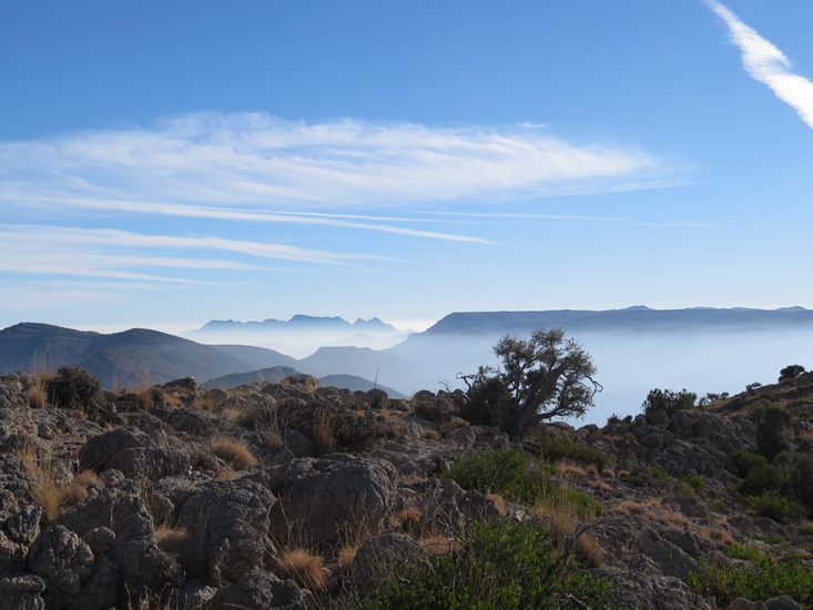 Oman Western Hajar Mts: Jebel Akhdar, Qiyut to Ar Roos Traverse , Eastward from above Qiyut, early morning, Walkopedia