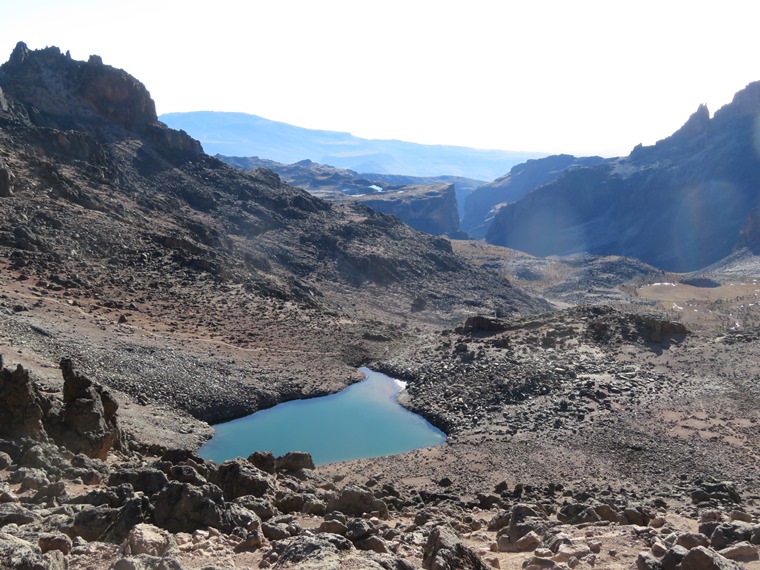 Kenya Mount Kenya, Chogoria Route, Down onto Harris Tarn with top of Gorges Valley in distance, Walkopedia