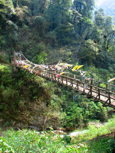 India Sikkim and nearby, Goecha La/Dzongri, Flag-draped suspension bridge, Walkopedia