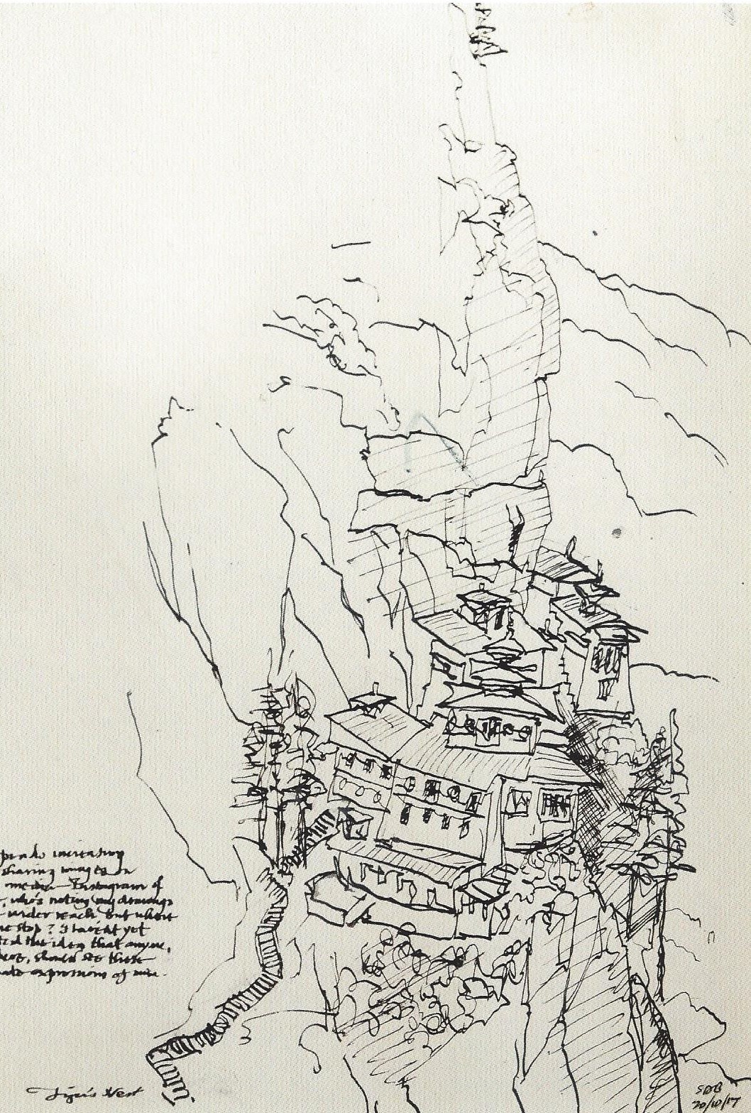 Bhutan, Tiger's Nest, Drawing by Stephen Barber , Walkopedia