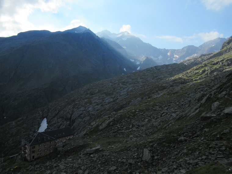 Austria Stubai Alps, Above Nurenberger Hut; Mairspitze, Wilder Freiger, N Hut in early light, Walkopedia