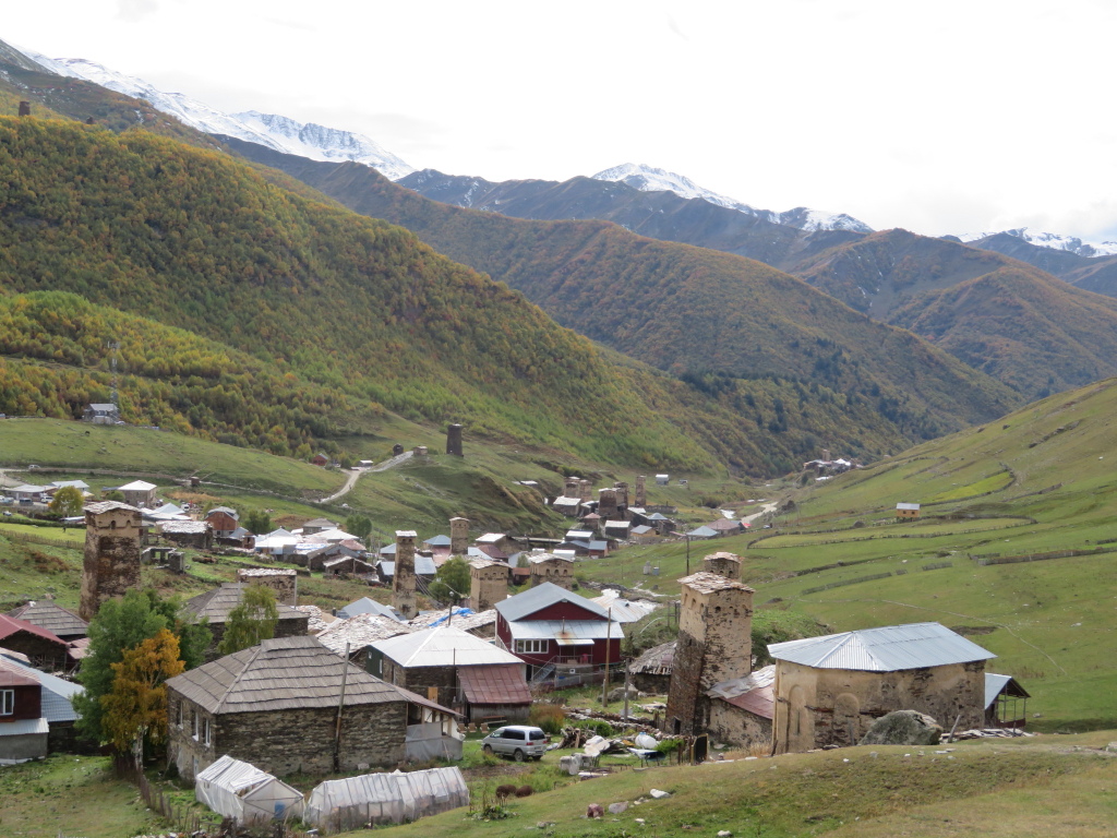 Georgia Gt Caucasus Svaneti, Above Ushguli , Ushguli hamlets from Lamaria church, Walkopedia