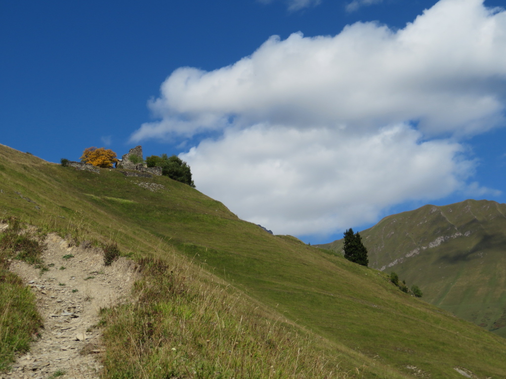 Georgia Gt Caucasus Around Gudauri, Khada Valley and Fire Cross Tower, approaching ridgetop tower, chapel, Walkopedia