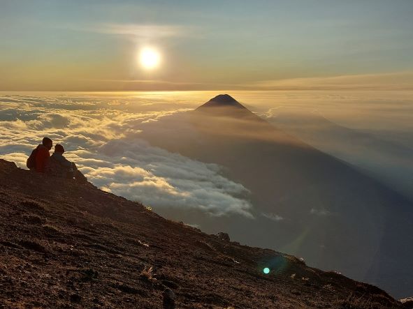 Guatemala Western Volcanic Highlands, Volcan Acatenango and Volcan Fuego, East to Agua from Acatenango, dawn, Walkopedia