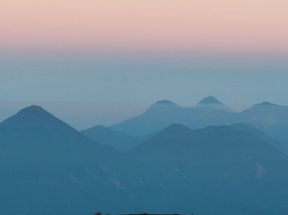 Guatemala Western Volcanic Highlands, Volcan Acatenango and Volcan Fuego, West frm Acatenango, dawn, Walkopedia