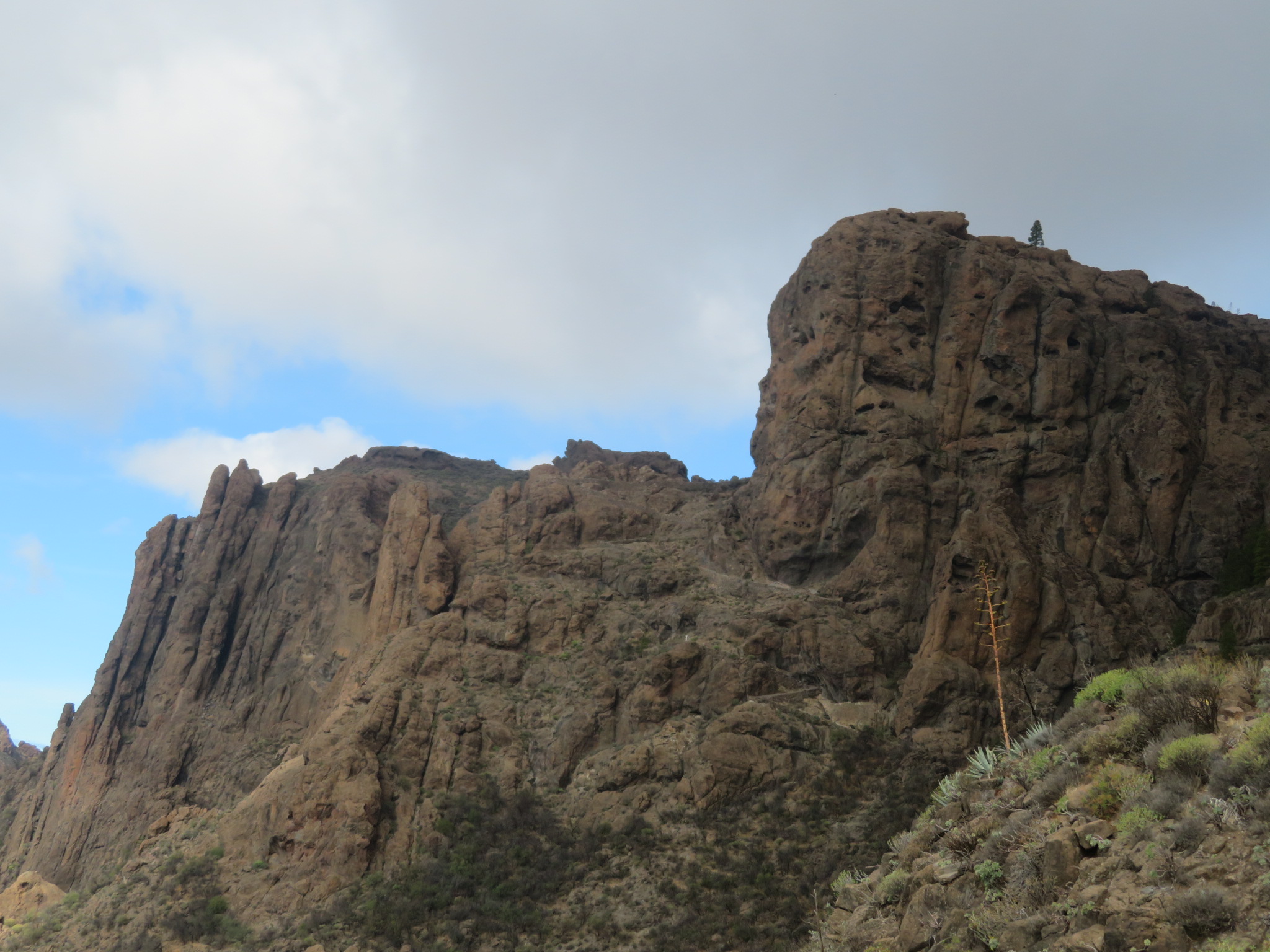 Spain Canary Islands: Gran Canaria, Cruz Grande to the Nieves Ridge, Spot the mule track in cliff, Walkopedia