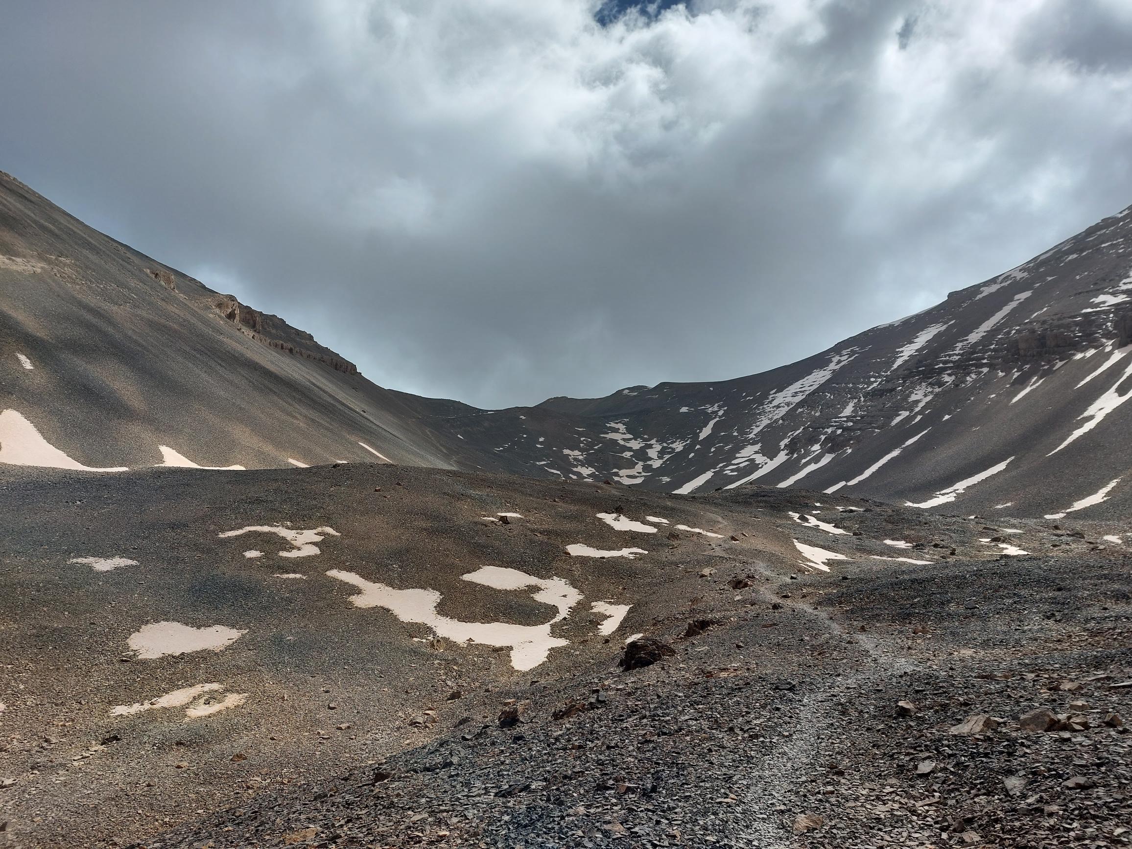 Morocco High Atlas MGoun, MGoun Traverses and Circuits, Day 3,12 Our cirque, mid day, path to left, Walkopedia