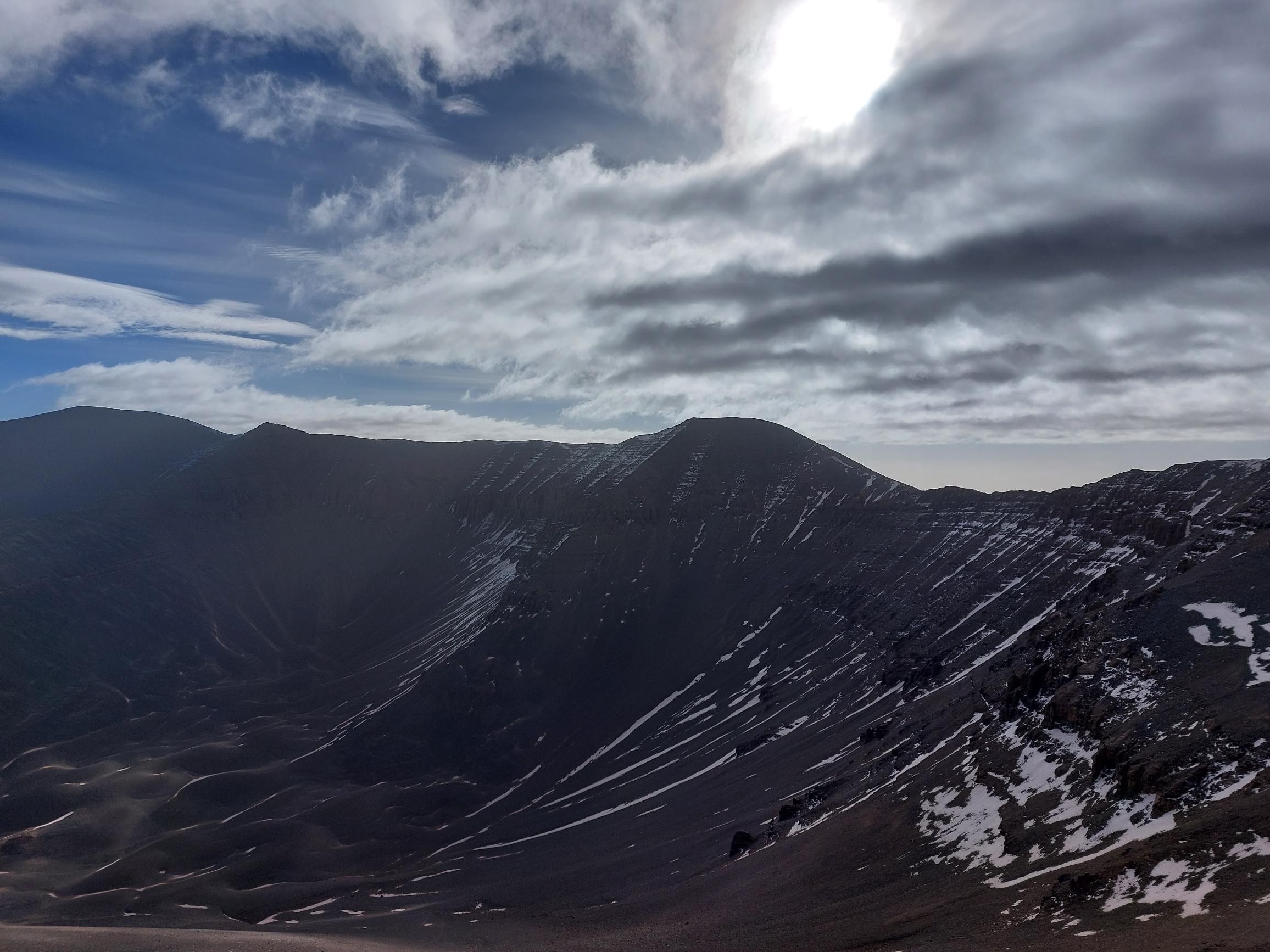 Morocco High Atlas MGoun, MGoun Summit, Huge cirque below main ridge, early light, Walkopedia