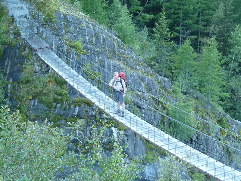 France Alps Mt Blanc Area, Tour of Mt Blanc , Suspension bridge on climb to Col de Trichot, Walkopedia