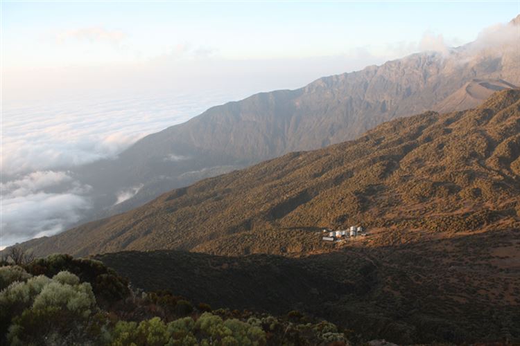 Tanzania, Mt Meru, Second Camp seen from Little Meru Peak, Walkopedia