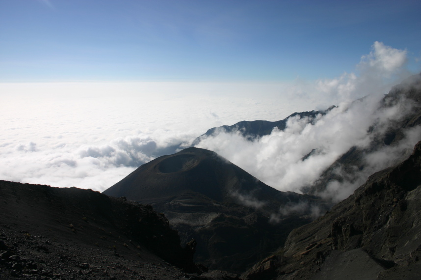 Tanzania, Mt Meru, Down onto the ash cone, early light, Walkopedia