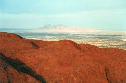 Australia Northern Territory, Uluru (Ayers Rock), Uluru, Ayers Rock - The Olgas across the early morning plain, From the top of Uluru, Walkopedia