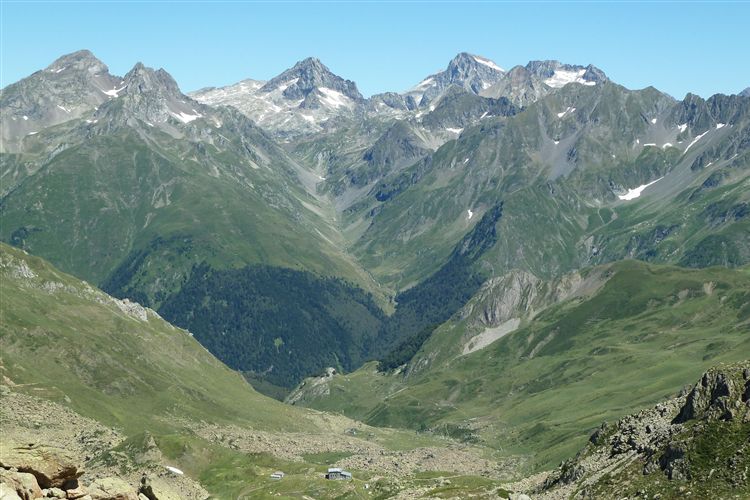 France Pyrenees, Pyrenean Haute Route, View east from Col de Peyreget (2300m) with Refuge de Pombie (2031) bottom centre - 11082013, Walkopedia