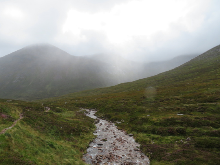 United Kingdom Scotland Cairngorms, Lairig Ghru, Down into Garbh Choire from Lairig, wet day, Walkopedia