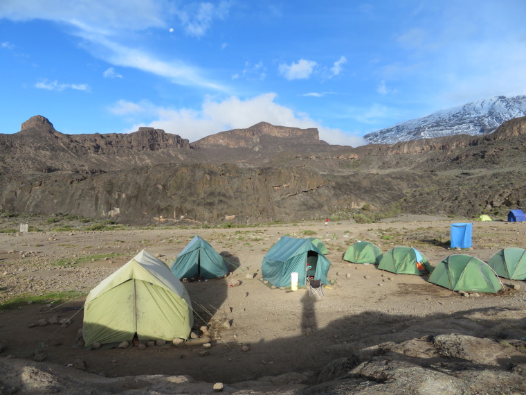 Tanzania Mount Kilimanjaro, Trekking Kilimanjaro , Moir Hut Camp, Lent Hill on ridge to left, Walkopedia