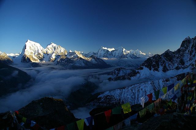 Nepal Everest Region, Gokyo Valley, Gokyo Valley - view down the Gokyo, prayer flags, Walkopedia